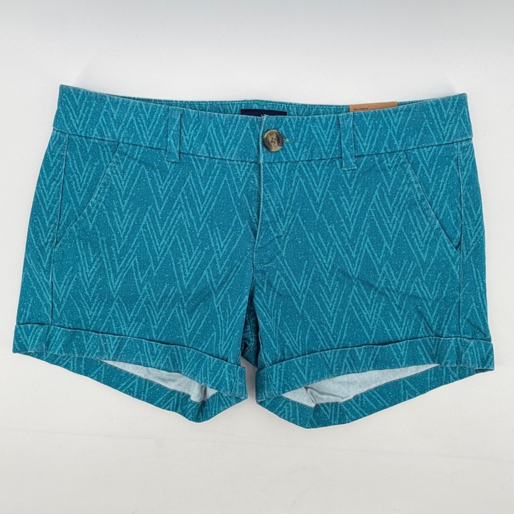 American Eagle Shorts Womens 6 Teal Blue Midi Stretch Geometric Chevron Cuffed